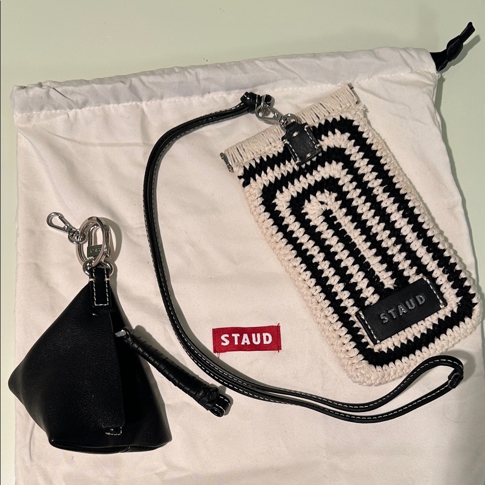 NWOT STAUD Artisanal Black & Cream Crochet Pouch & Black Leather Mini Bag Charm. - Picture 8 of 15